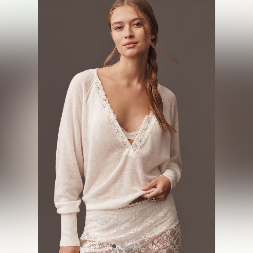 Anthropologie Cream V-Neck Sweater with Lace Detail